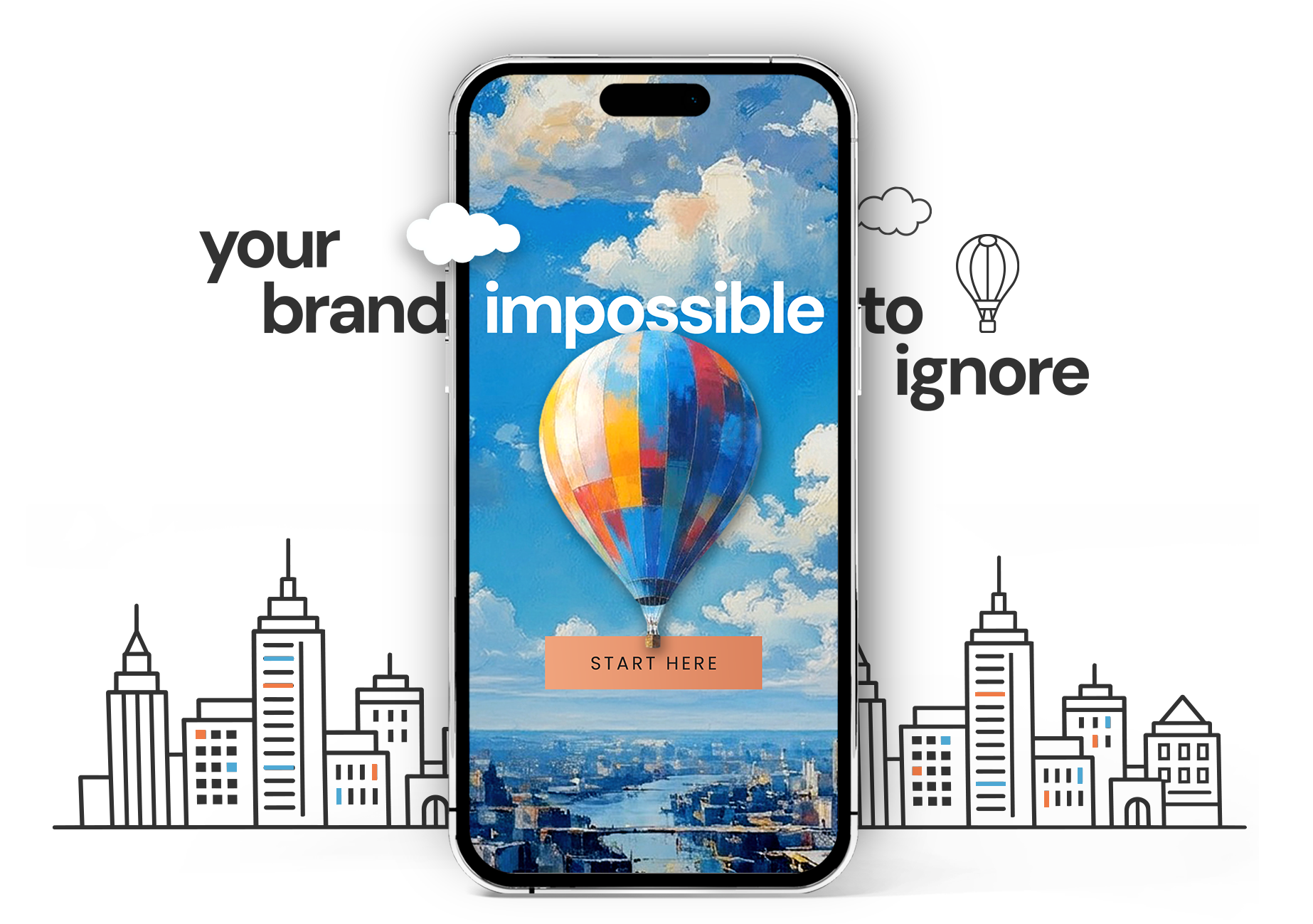 Your Brand Impossible to Ignore. Image showing mobile phone with air ballon above the city skyline