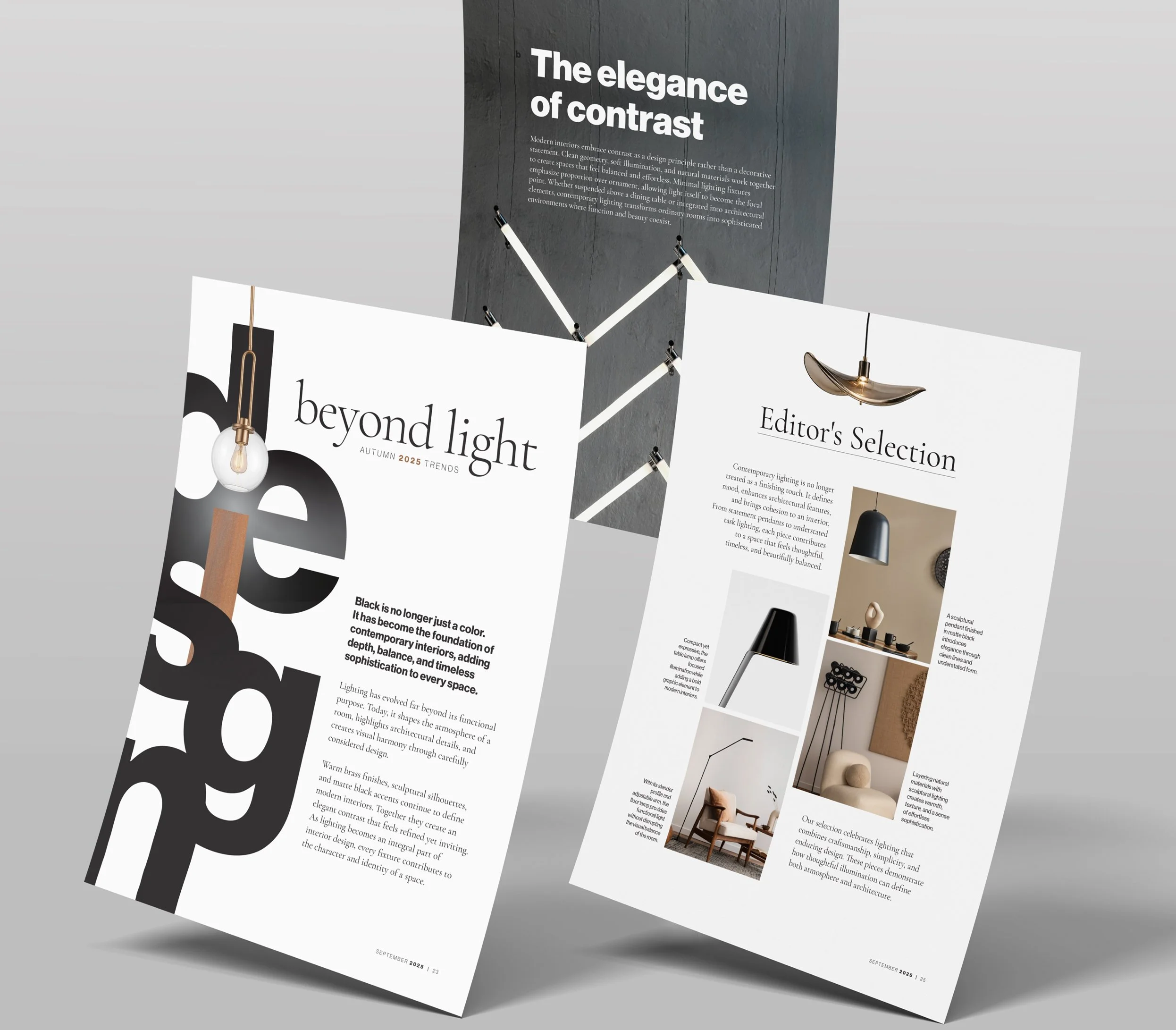 Multiple pages of a magazine or catalog featuring interior design and lighting, including images and text about modern lighting fixtures and trends.