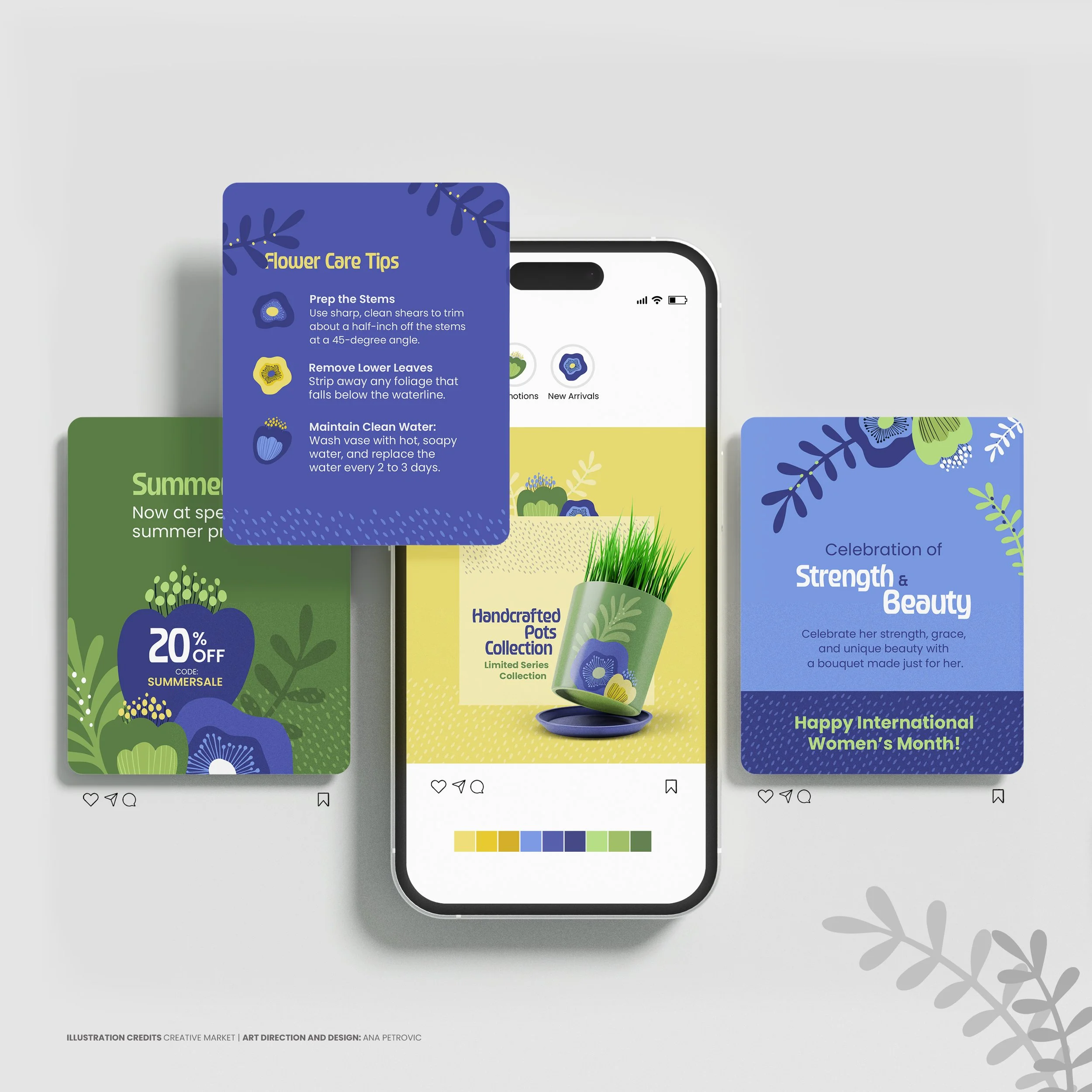 A digital screen displaying flower business social media posts, care tips, with instructions on how to prep stems, remove lower leaves, and maintain clean water, surrounded by colorful floral graphics and branding elements.