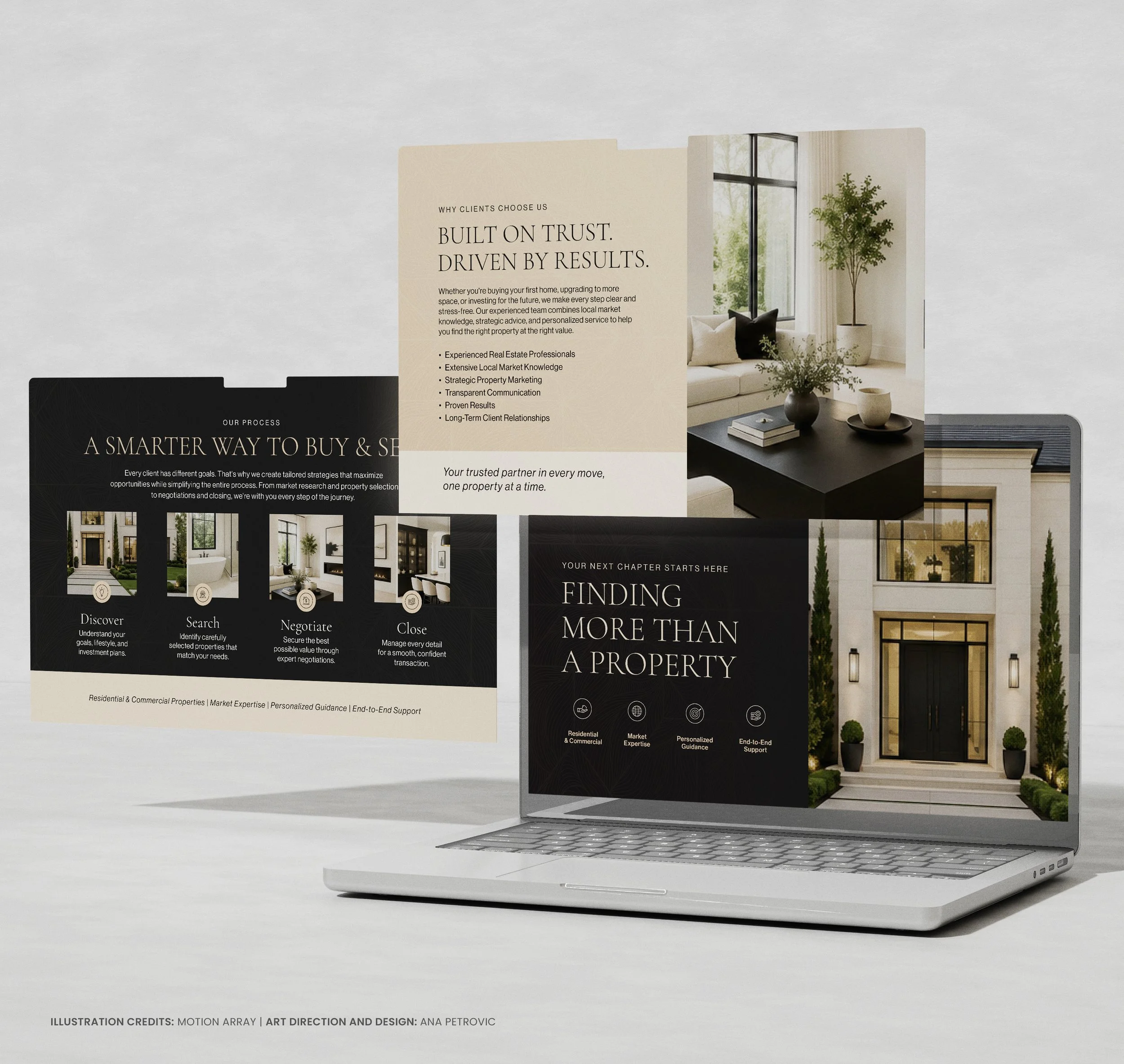Brochure with text about real estate services, featuring a living room with large windows, a sofa, potted plants, and a coffee table.