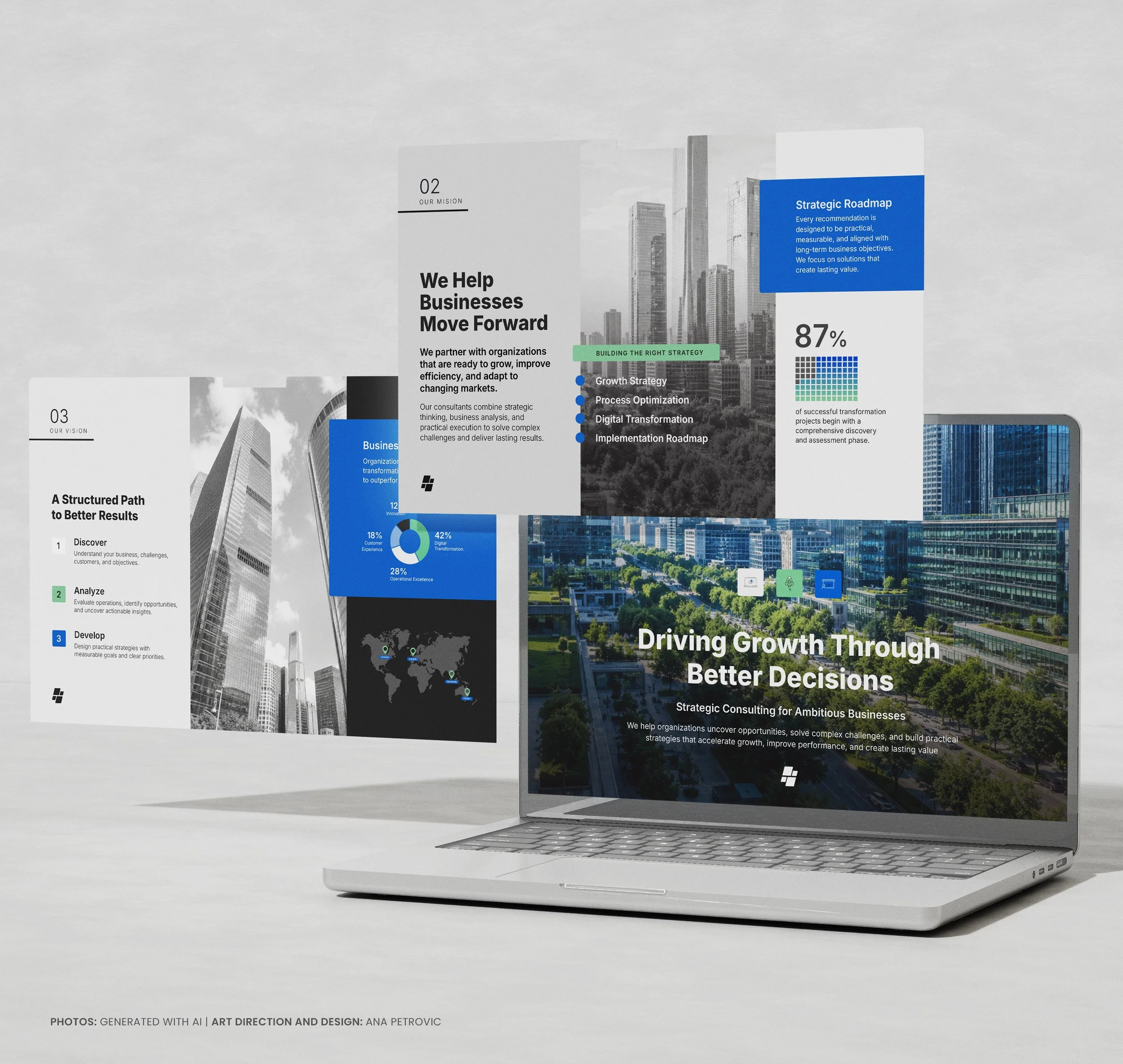 A collection of business presentation posters displayed on a white surface, featuring urban cityscape backgrounds, text about strategic growth and business consulting, with graphical data representations and colorful sections.
