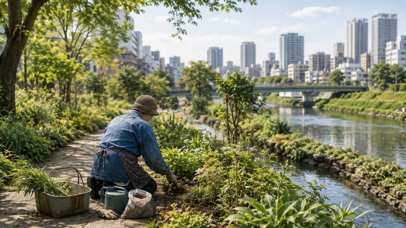 公園の川沿いで花や植物を手入れしている女性。都市の背景に高層ビルが見える。