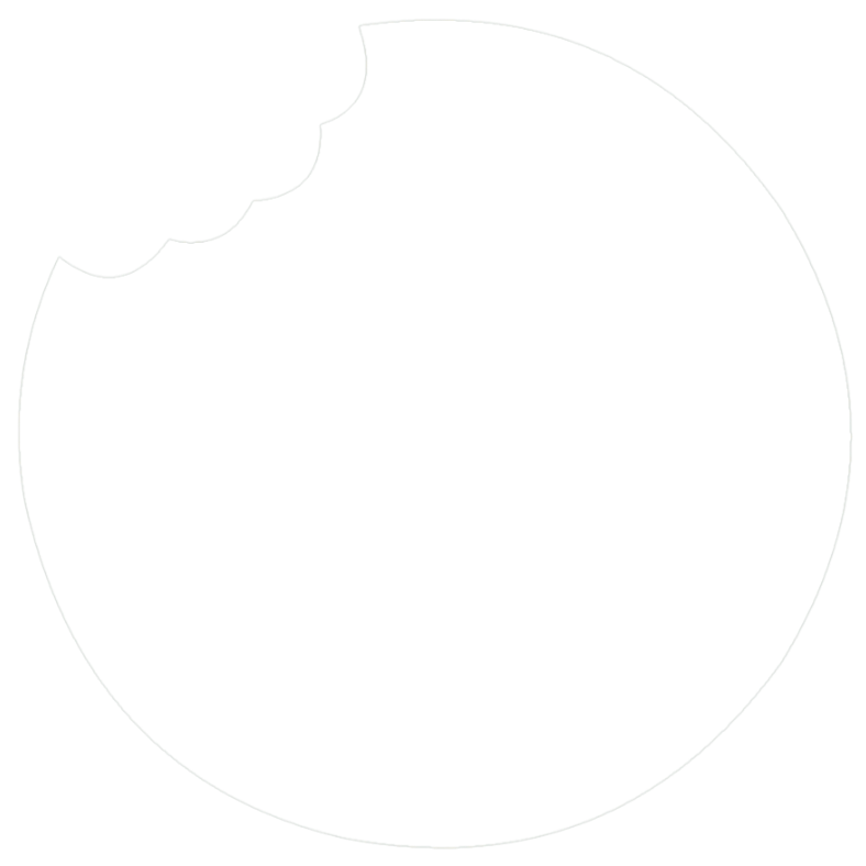 White silhouette of a round cookie with a bite taken out of the top left corner