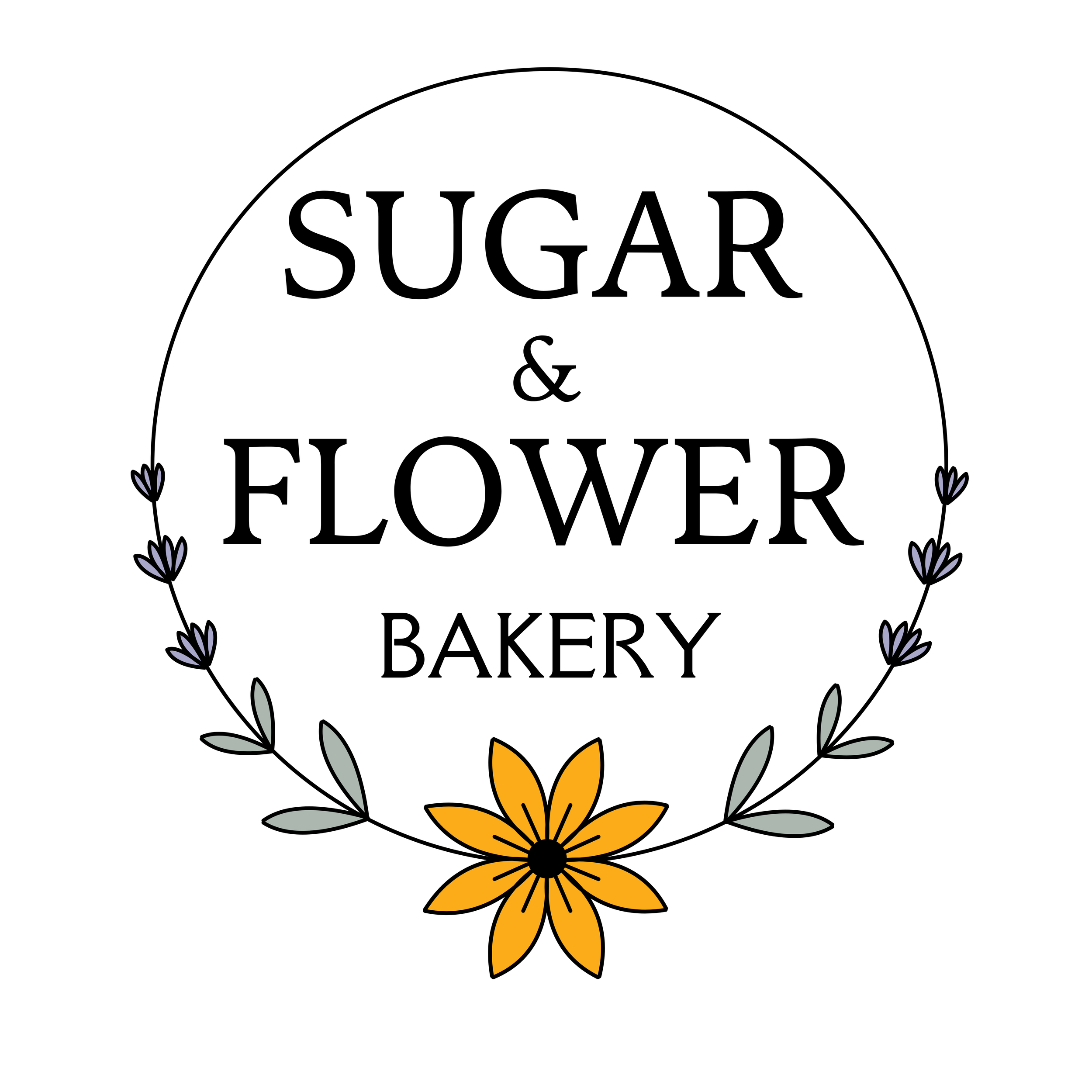 Bakery logo with company name surrounded by a circular floral design with yellow and purple flowers and pale green leaves on a transparent background