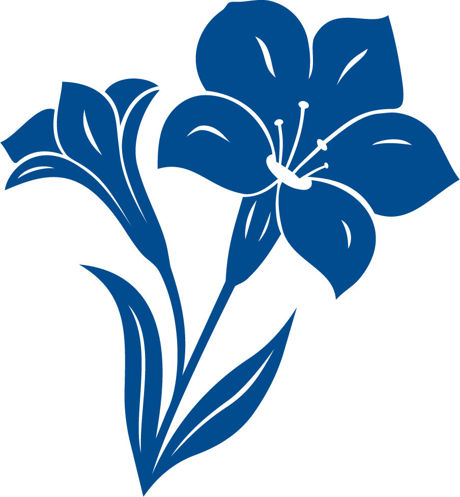 Blue stylized illustration of a flower with leaves.