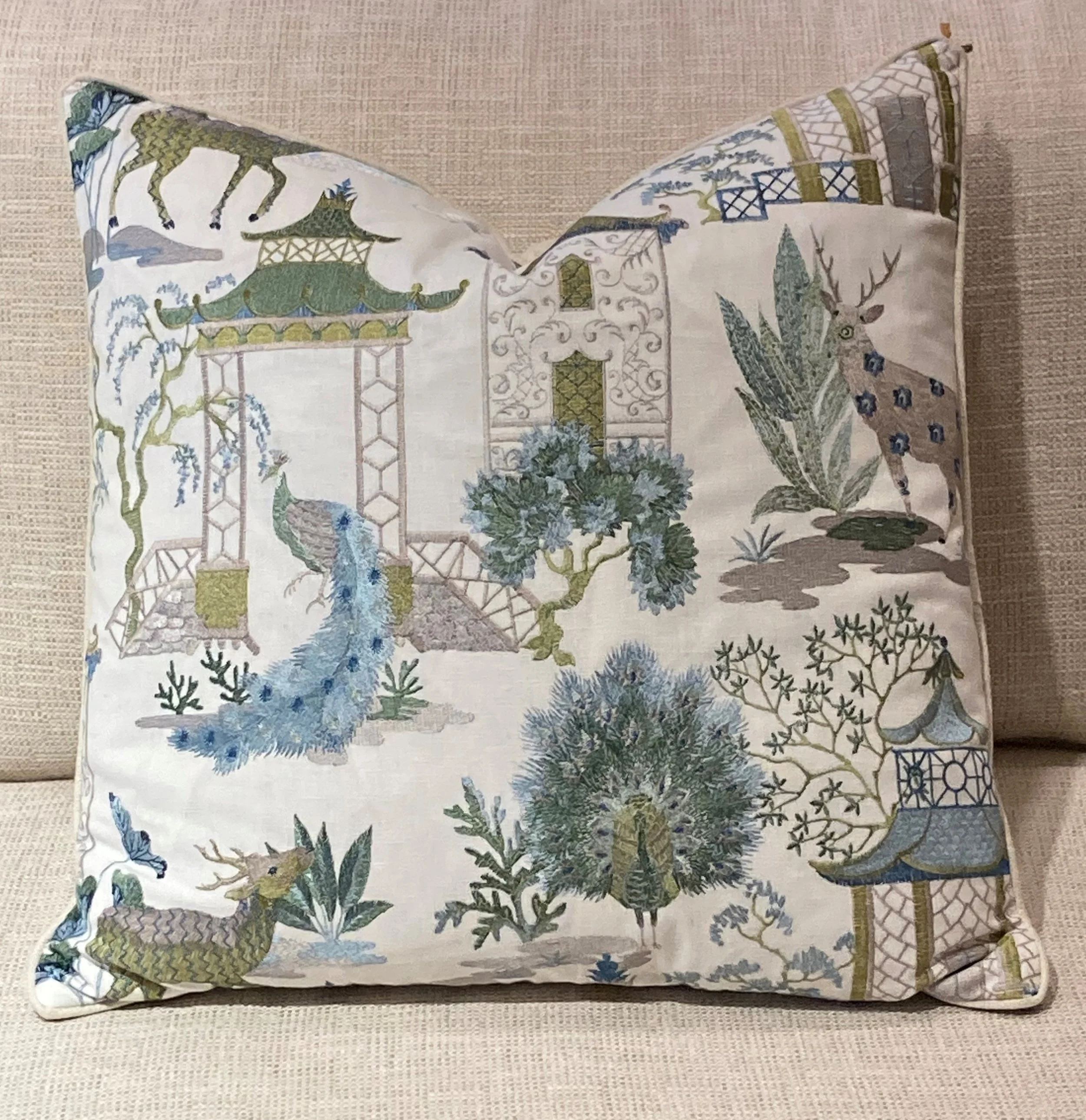 Peacocks and Pagodas Pillow w/ Feather and Down Insert