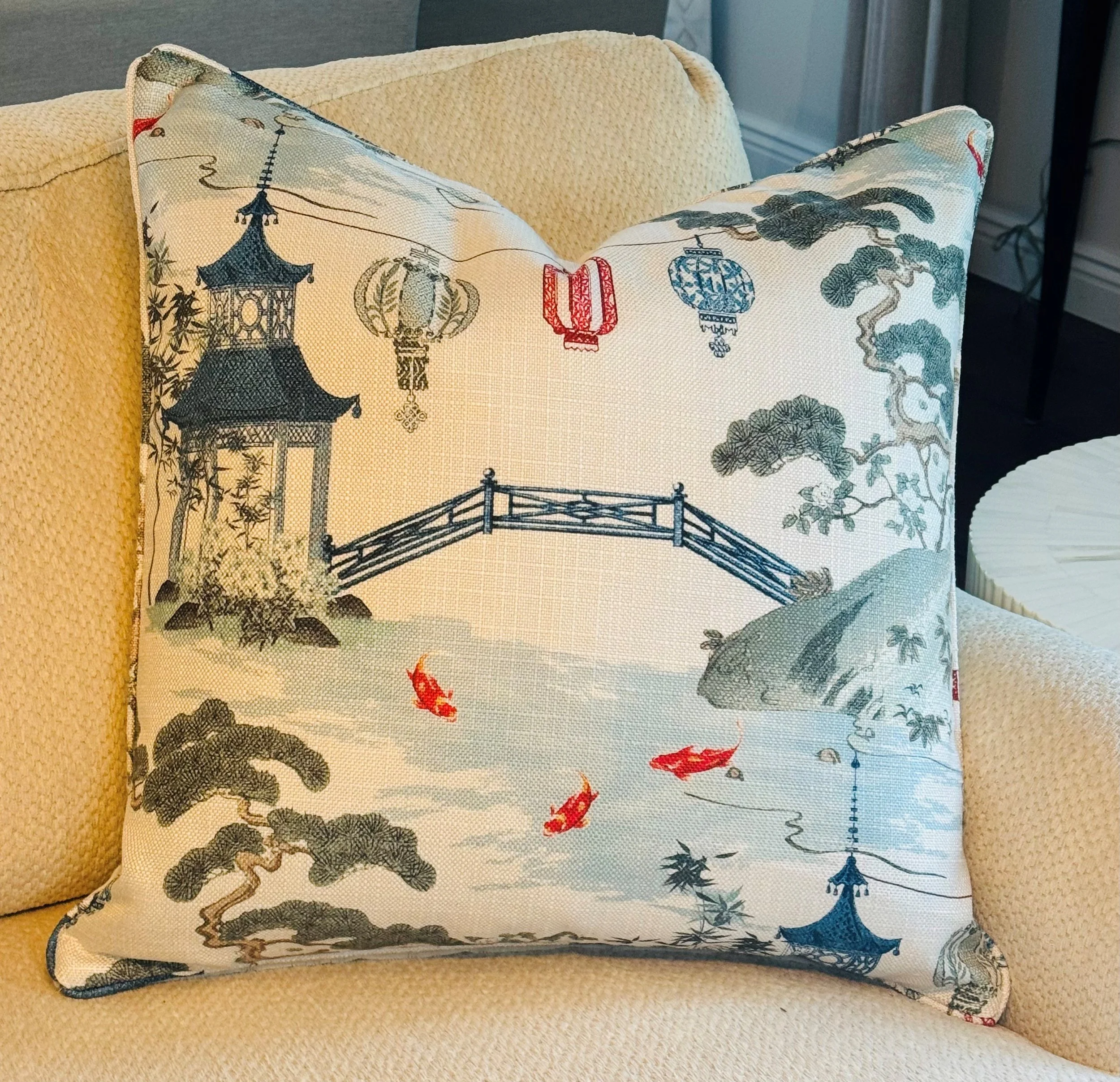 Koi Bridge Square Pillow with Feather and Down Insert