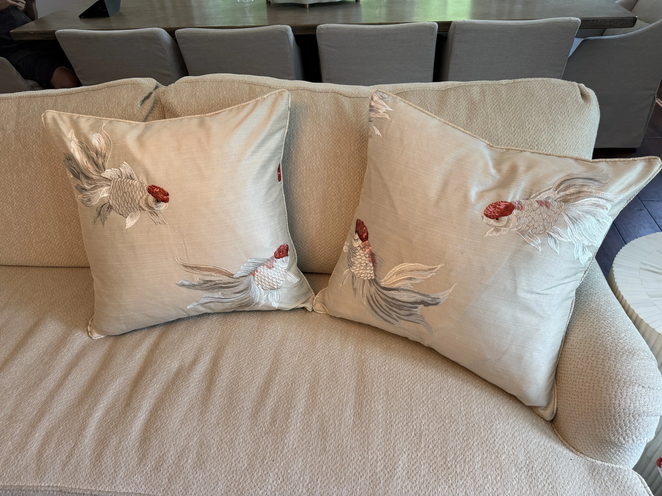 Pair of Koi (2) Silk Embroidered Pillows with Down and Feather Inserts