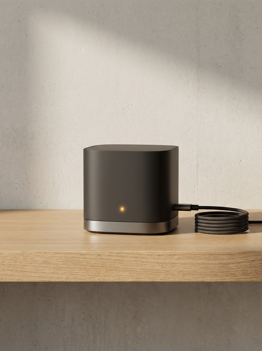 A black, rectangular electronic device with rounded edges and a small yellow indicator light, placed on a wooden surface against a plain wall.