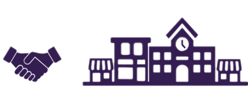 Icons of a handshake and a main street with various storefronts and a town hall representing the owner-operated, community-rooted businesses Paradox Stewardship acquires.