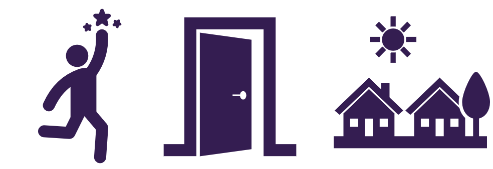 Icons representing a founder ready to transition, stepping through a door, with a community behind them, illustrating the seller Paradox Stewardship partners with.