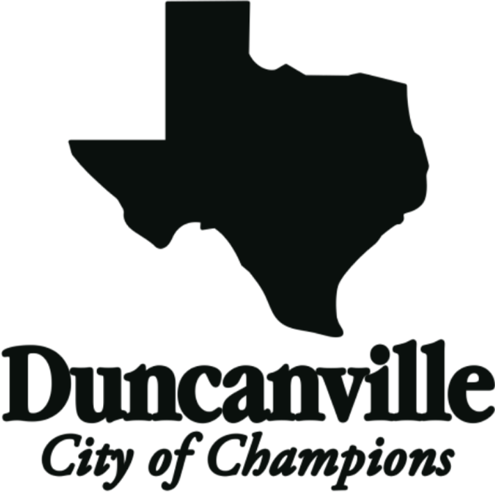 Silhouette of the state of Texas with a star marking Duncanville, Texas, and the text "Duncanville City of Champions" underneath.
