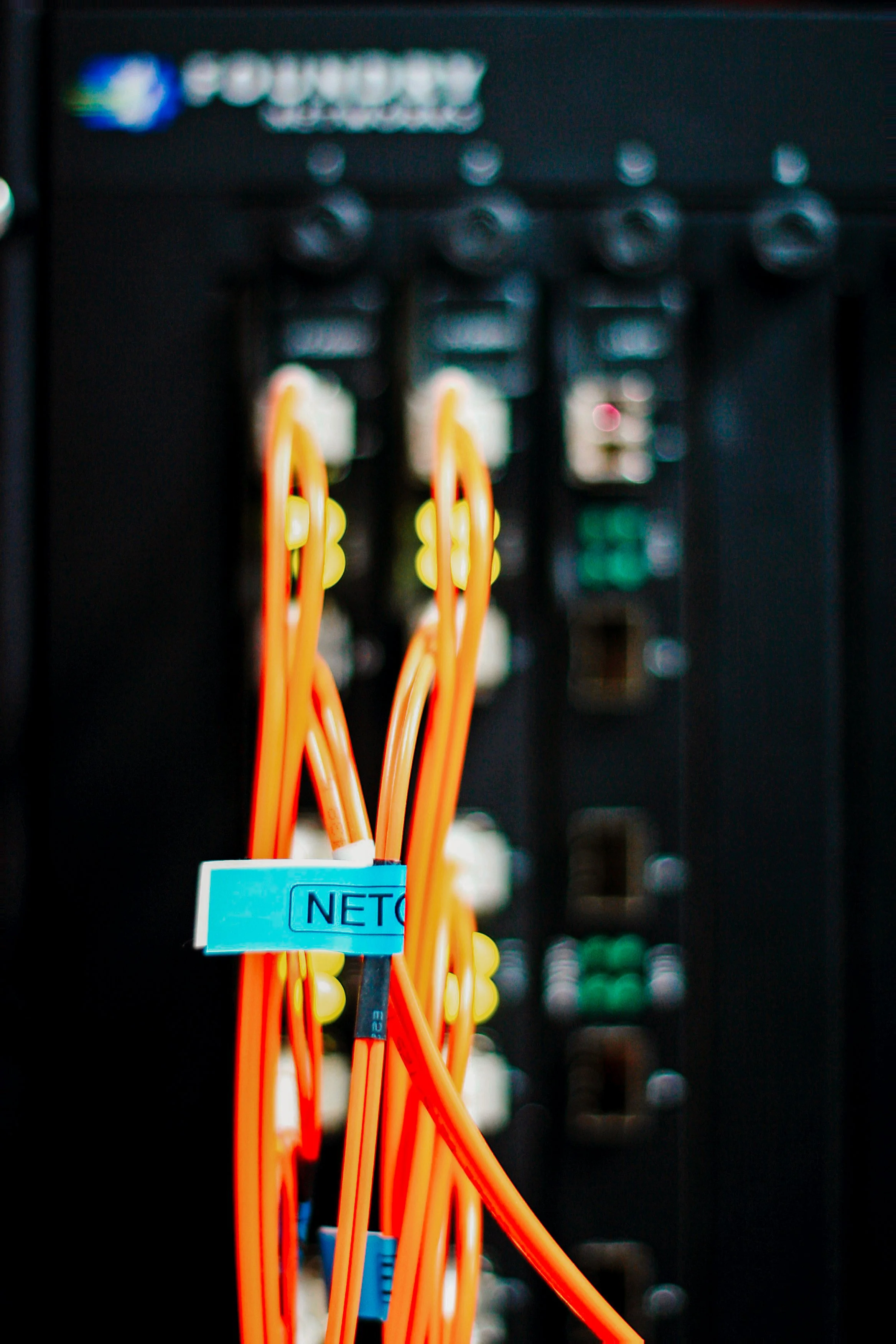 Close-up of orange Ethernet cables plugged into a network panel with a blue label that says 'NET', with the background slightly blurred.