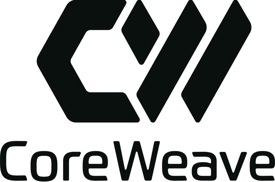 Black CoreWeave logo with geometric design resembling interconnected shapes, and the text 'CoreWeave' underneath.