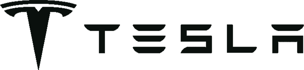 Tesla logo in black on a dark background.