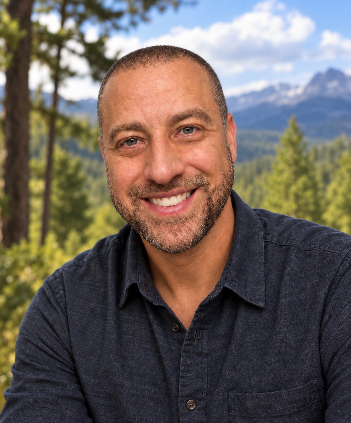 A smiling man with a beard and short hair outdoors, with mountains and trees in the background.
