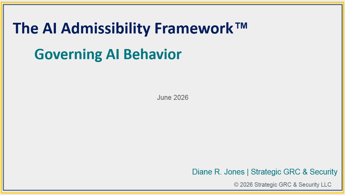 Presentation slide titled 'The AI Admissibility Framework' with a subtitle 'Governing AI Behavior', dated June 2026, authored by Diane R. Jones from Strategic GRC & Security, LLC.