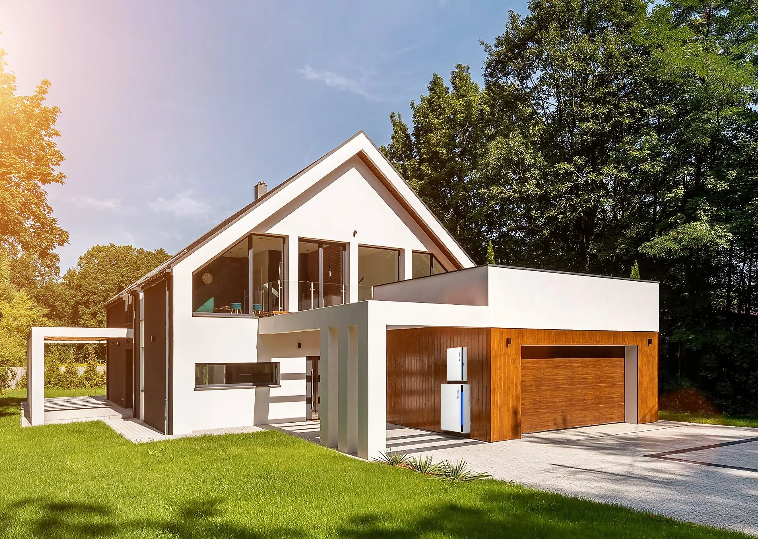 Home or cottage with solar power PV installed on roof and battery backup system