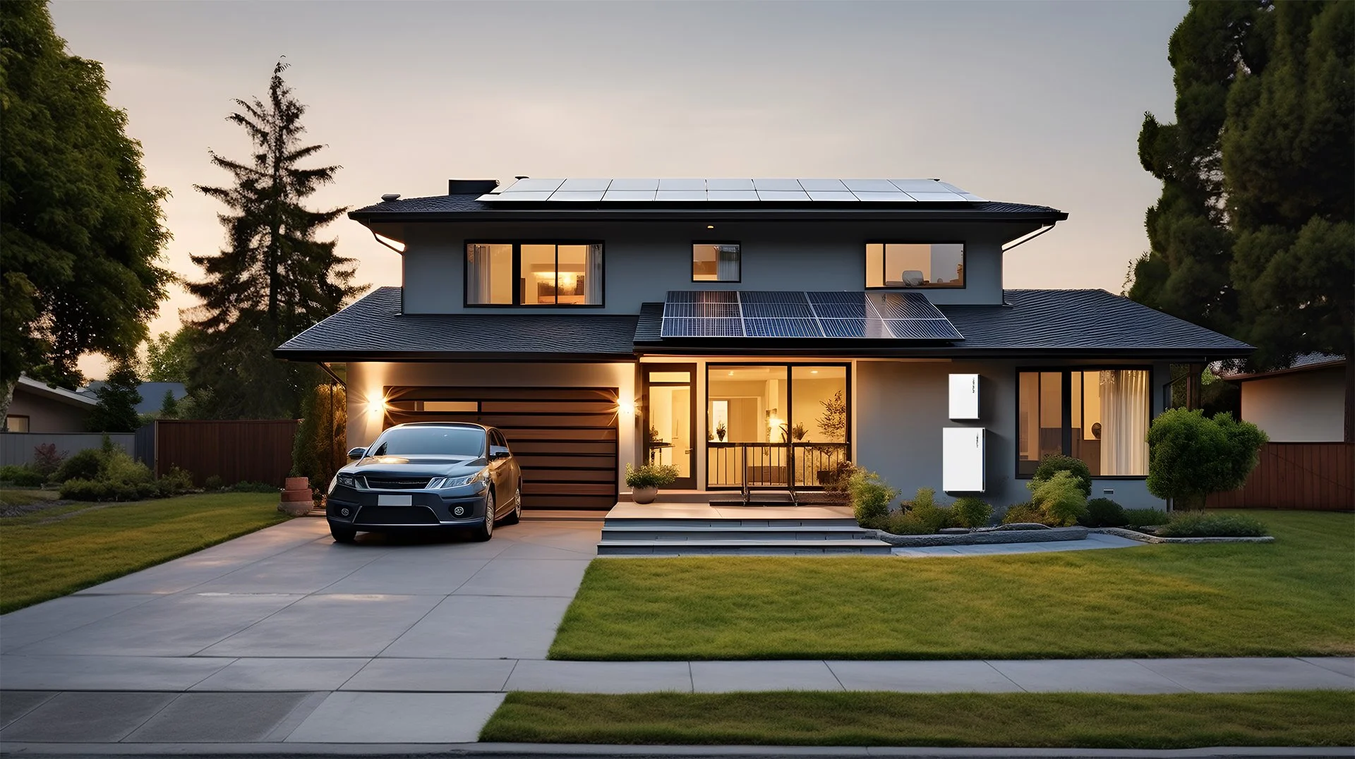 Home or cottage with solar power PV installed on roof and battery backup system