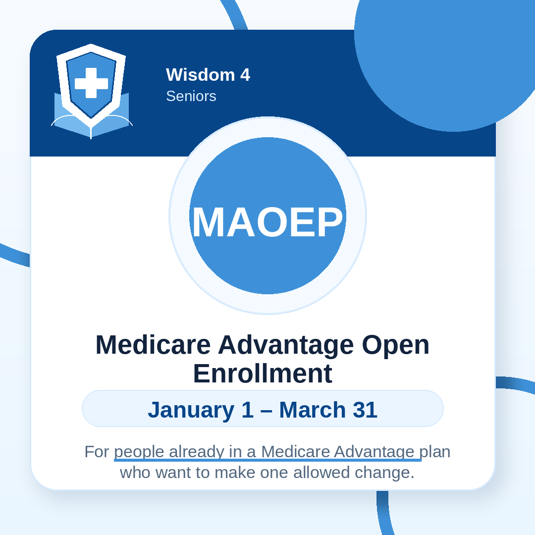 Medicare Advantage open enrollment information for seniors, with dates from January 1 to March 31, featuring a blue and white design with a medical shield icon.