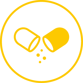 Yellow outline of an open pill bottle spilling pills inside a yellow circle