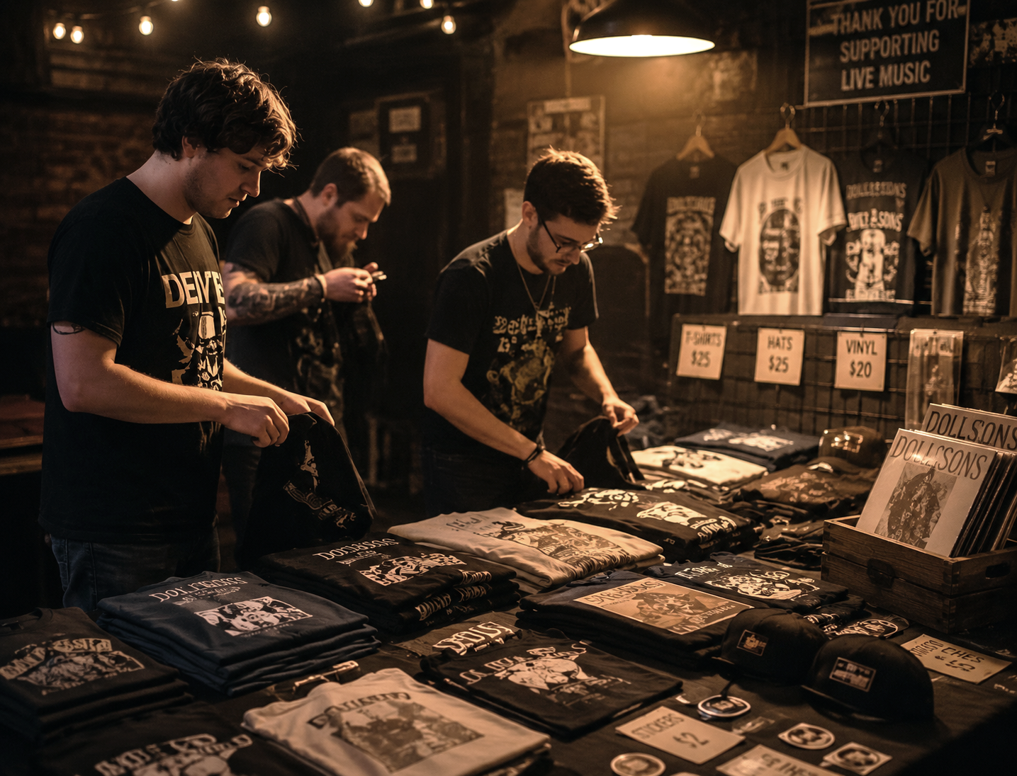 Three young men selling band merchandise at a table in a dimly lit venue. The table has t-shirts, vinyl records, and other band-related items priced between $20 and $25. The background displays hanging t-shirts and a sign mentioning support for live music.