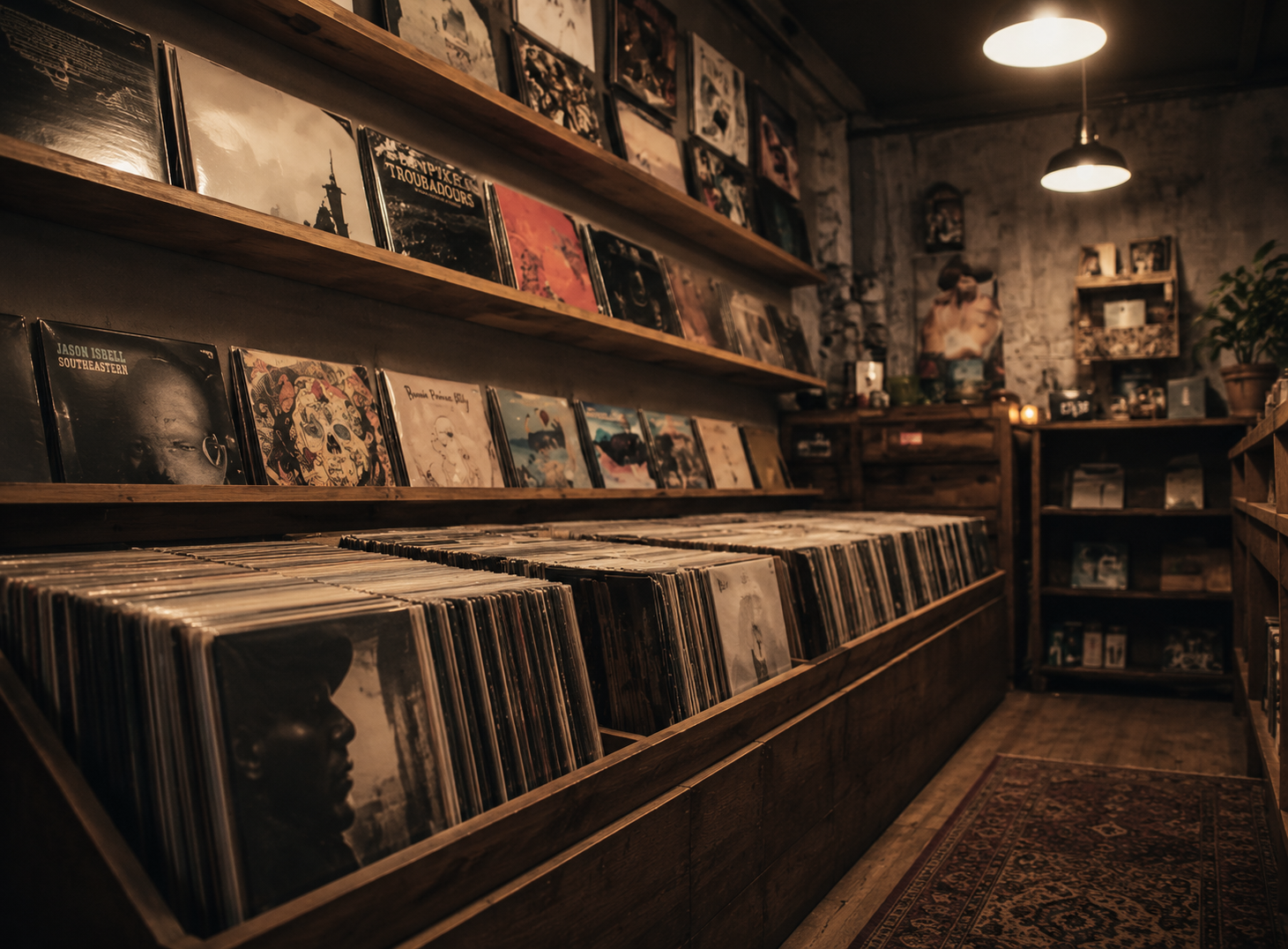 Inside a vintage record store with wooden shelves filled with vinyl records, dim lighting, and a rustic decor with framed album covers on the wall.