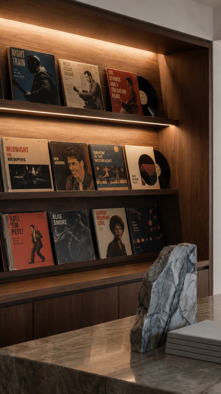 Vinyl records displayed on shelves, representing catalogue exploration for musicians.