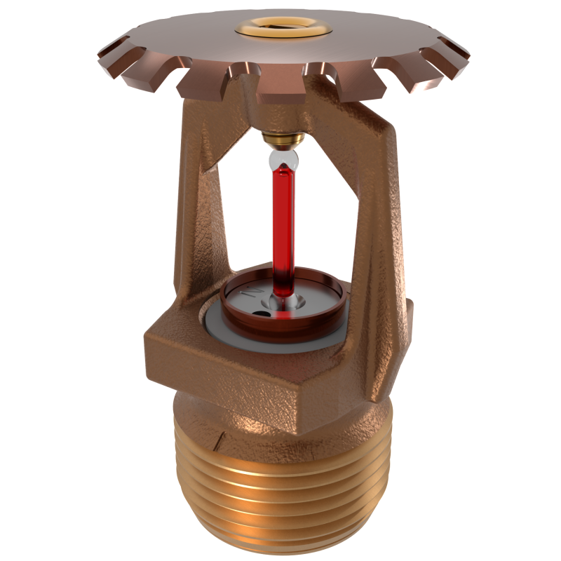 A fire sprinkler head with a glass bulb activated by heat, releasing water.