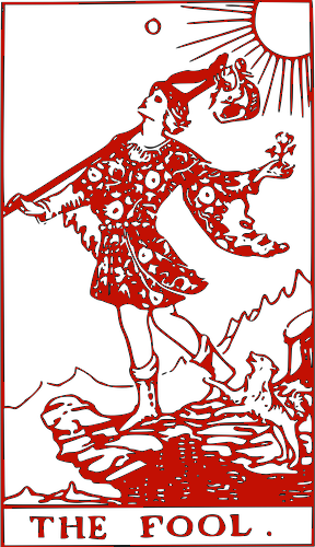 The Fool tarot card, depicting a person with a bag over their shoulder, walking near a small dog by a body of water under the sun.