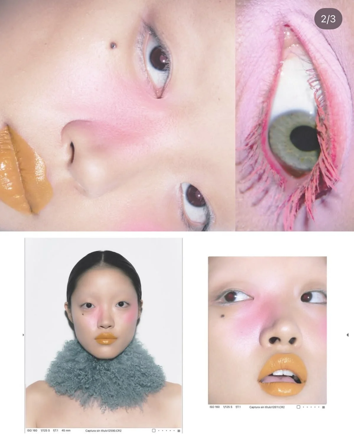 A collage of photos featuring close-up and artistic shots of human faces with exaggerated makeup, pink blush, and colorful eyelash and lip details. The images showcase stylized, artistic photography focusing on facial features.