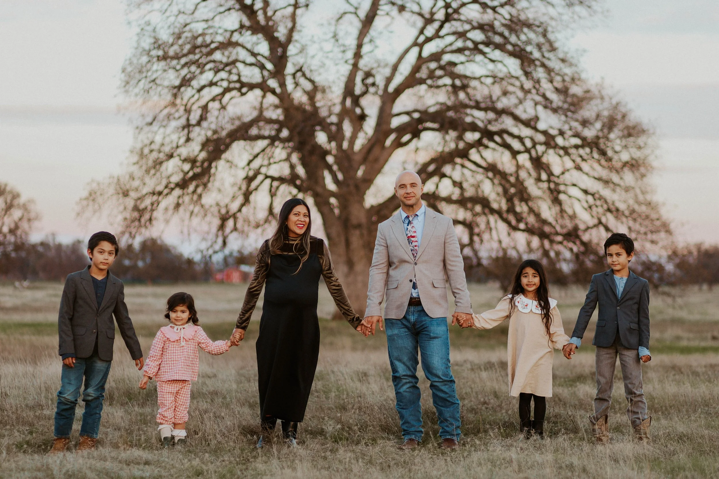 A family of six people holding hands and walking outdoors in a field near a large tree at sunset.