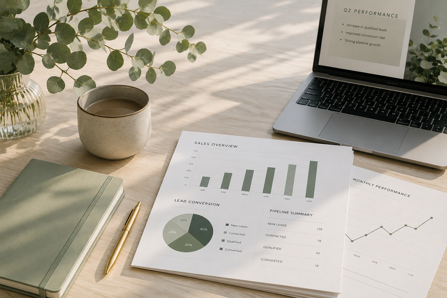 Workspace with a laptop displaying a presentation, a notebook with a pen, a coffee cup. Business support, admin support, sales support, recruitment support in North Devon and UK