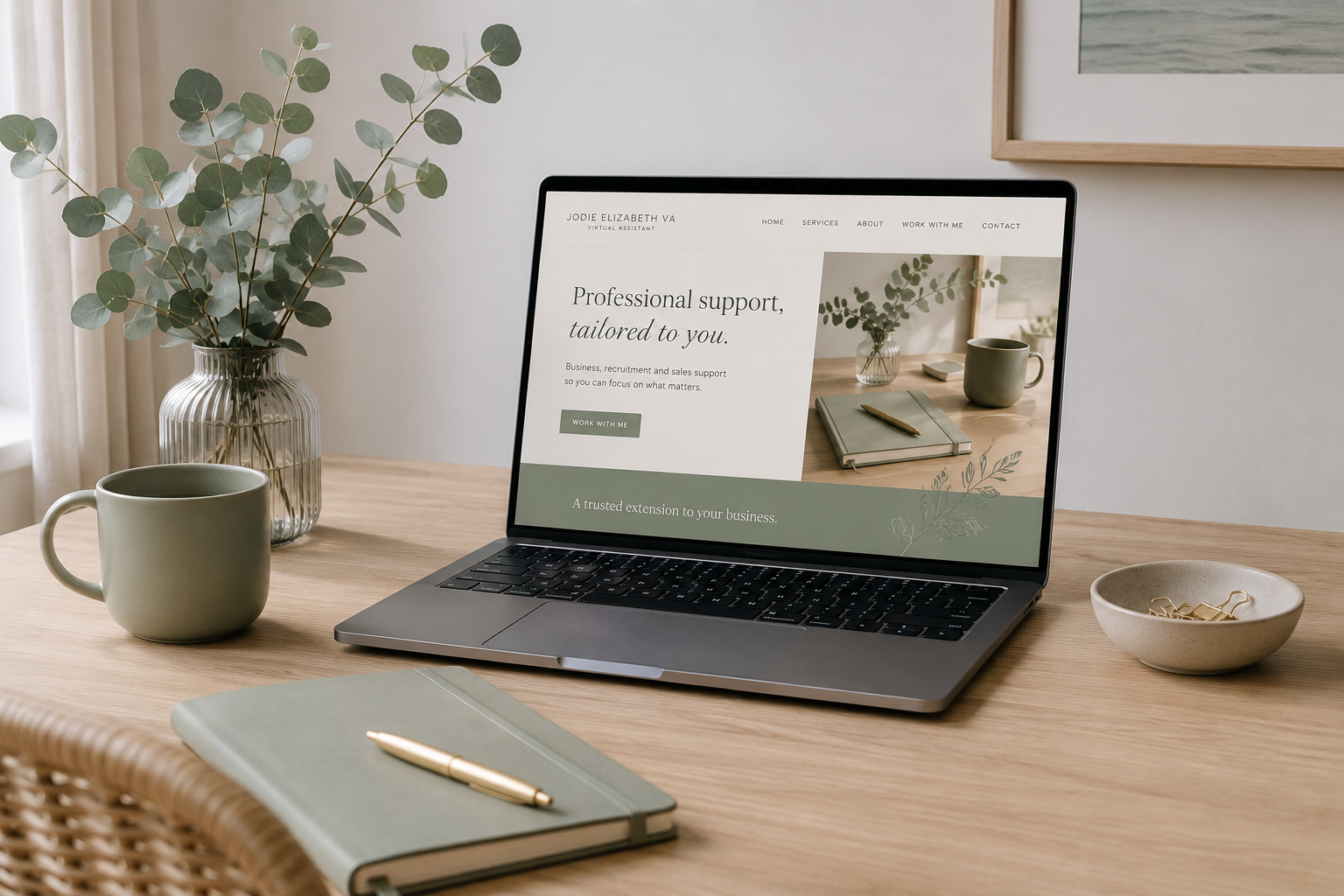 laptop showing a website for a virtual assistant service. Business support, admin support, sales support, recruitment support in North Devon and UK