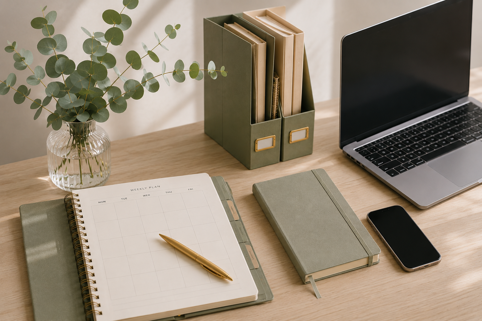 A workspace with a potted eucalyptus plant, a green document organizer, a laptop, a smartphone, a closed notebook. Business support, admin support, sales support, recruitment support in North Devon and UK