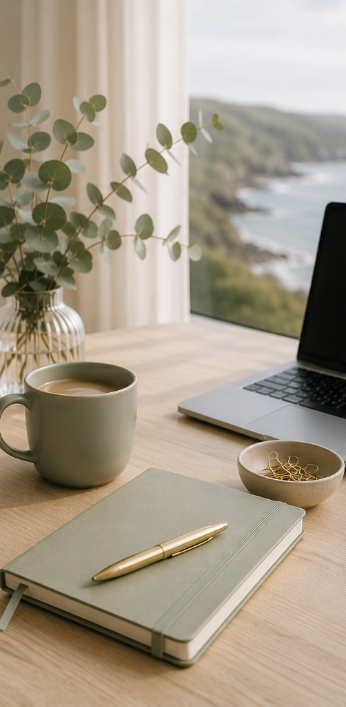 Desk setup with a green notebook and pen, a coffee mug, a small bowl with paperclips, a laptop, and a vase with green leaves, overlooking a scenic view of cliffs and water outside a window.