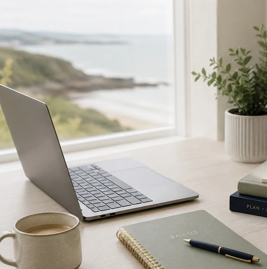 A workspace with a laptop, a mug of coffee, a planner with a pen, and a potted plant near a window overlooking a scenic ocean view. Business support, admin support, sales support, recruitment support in North Devon and UK