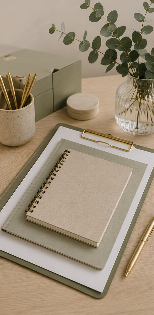 A desk with a beige spiral notebook, a gray clipboard, and a white sheet of paper, along with a gold pen, a container holding gold pen. Business support, admin support, sales support, recruitment support in North Devon and UK