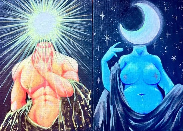 "Sun and Moon" Two 7x5 canvases