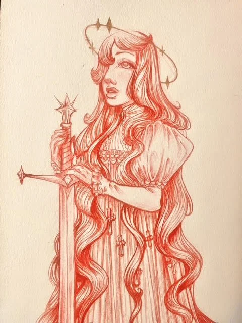 "Sword Maiden" red col erase pencil, gel pen,