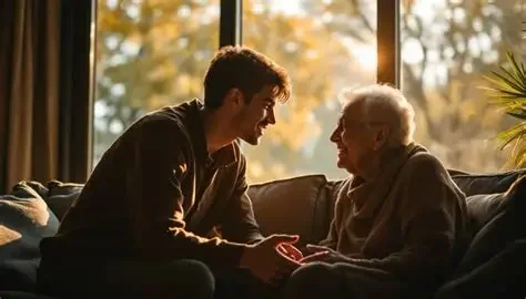 A young man and an elderly woman sitting on a couch inside a house, holding hands and smiling at each other with sunlight streaming through a window behind them.