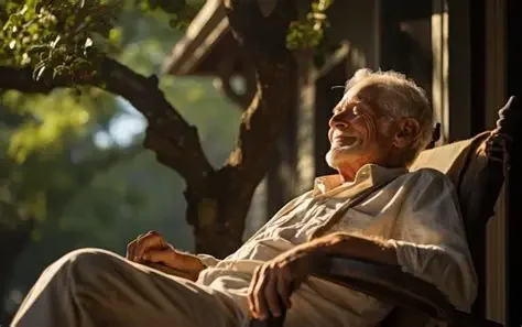An elderly man sitting outside on a sunny day, smiling and relaxing in a chair.