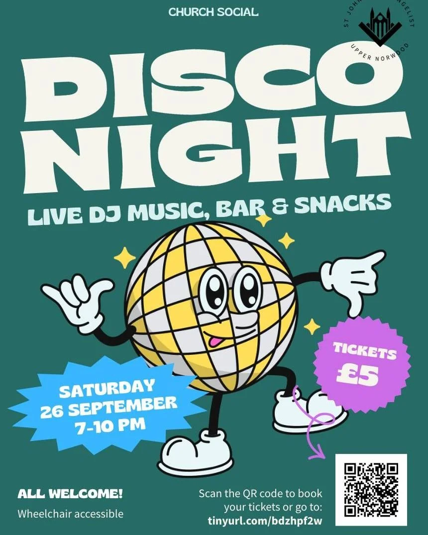 Church... disco... same sentence? Yes really. 🪩

Come find out what all the glitter's about at St John's Disco Night. Grab your dancing shoes and your best 70s moves; we're throwing open our doors for a night of music, lights, and pure fun. All are 