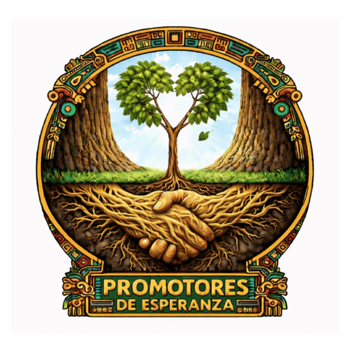 A logo with two large trees and a heart-shaped tree at the center, featuring a handshake underground, with the text "Promotores de Esperanza" below.
