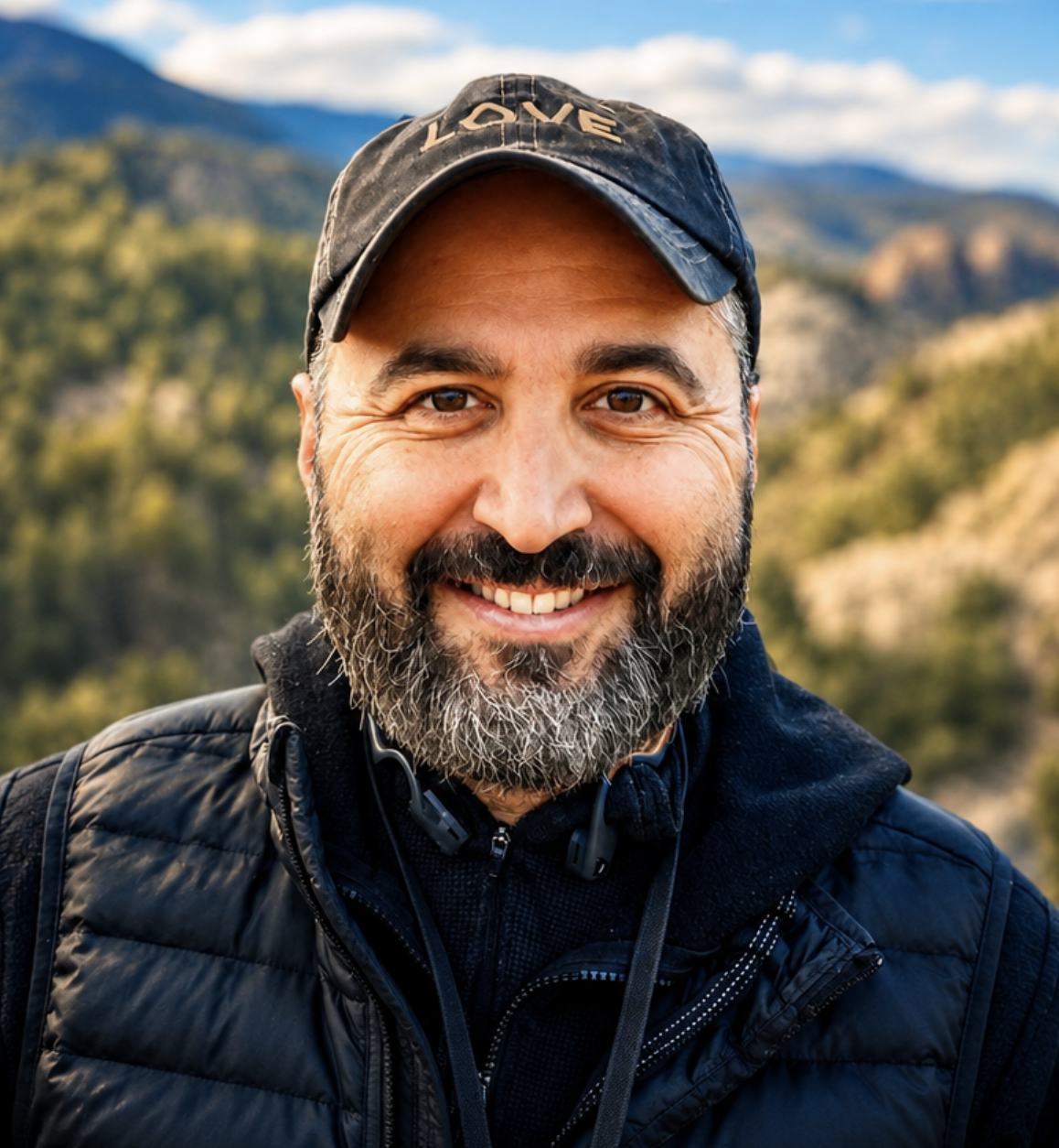 smiling man in a puffy vest and hat that says love