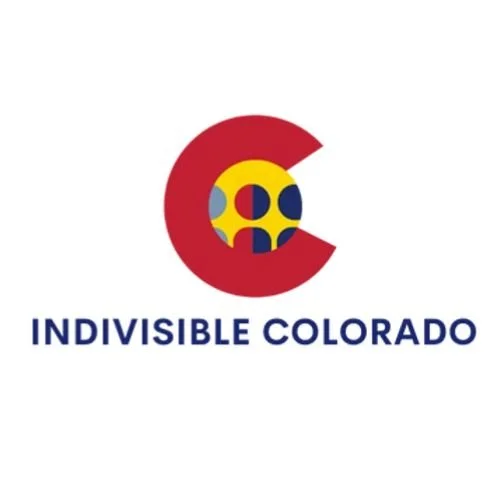 Logo with a large red letter 'C' containing a smaller yellow circle with blue and gray shapes inside, and the text 'INDIVISIBLE COLORADO' beneath it.