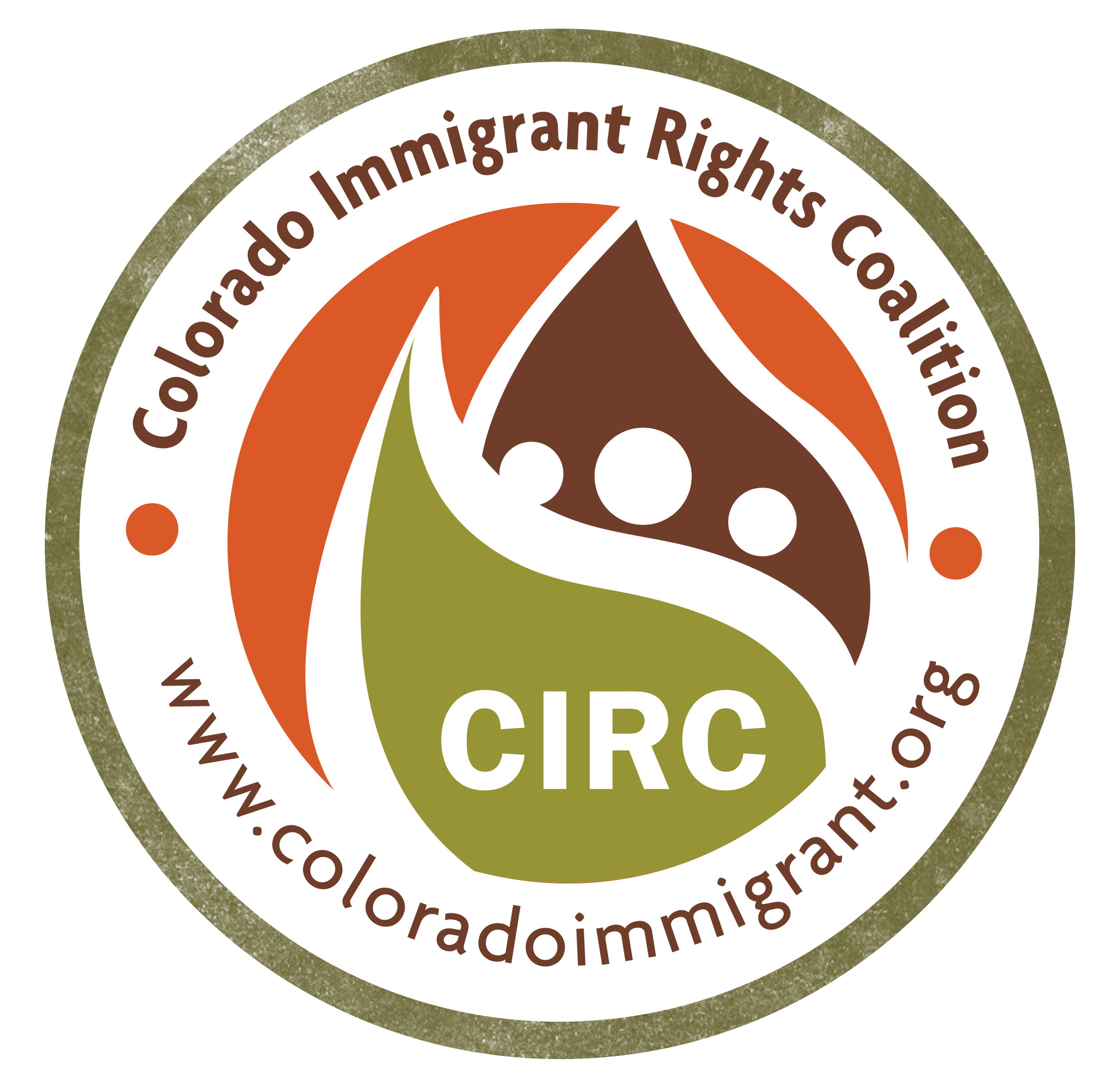Circular badge with text promoting immigrant rights and inclusion, featuring a stylized mountain and leaf design.