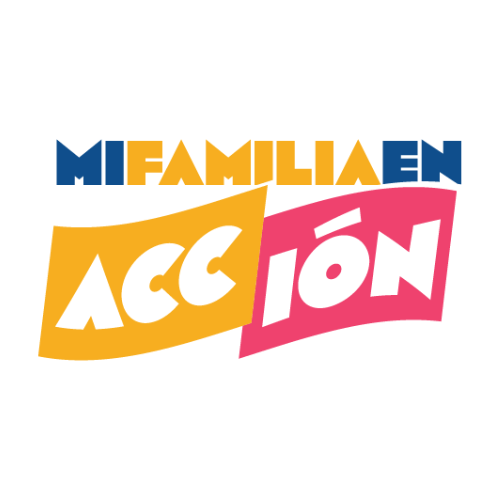 Colorful logo with the words 'MIFAMILIA EN ACCIÓN' in bold, vibrant colors including blue, yellow, and pink, arranged in a dynamic, playful style.