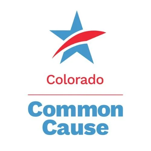 Logo with a blue star, red swoosh, and text stating "Colorado Common Cause".