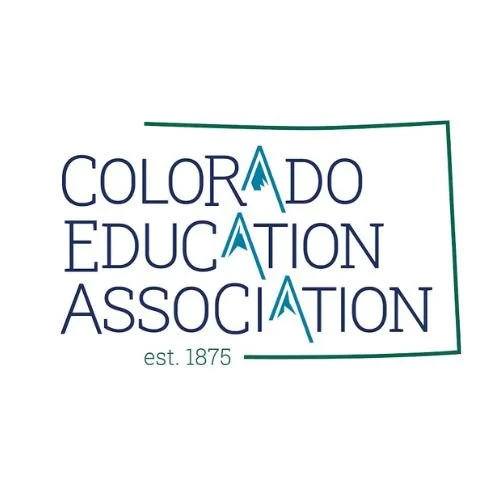 Logo for the Colorado Education Association, established in 1875, with stylized letters and a green line framing the top and side.